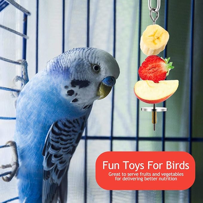 Weewooday 3 Pcs Bird Cage Food Holder Parrot Bird Feeder Toy Stainless Steel Fruit Kabob Clip Treats Cage Skewer Foraging Hanging Small Animal Vegetable Stick Feeder for Parakeet Cockatoo Cockatiel