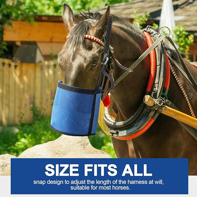 2 Pcs Horse Feed Bags for Grain Mesh Grain Feeder Bucket with Adjustable Strap and Waterproof Bottom for Feeding Fodder Powder Supplements(Black and Blue)