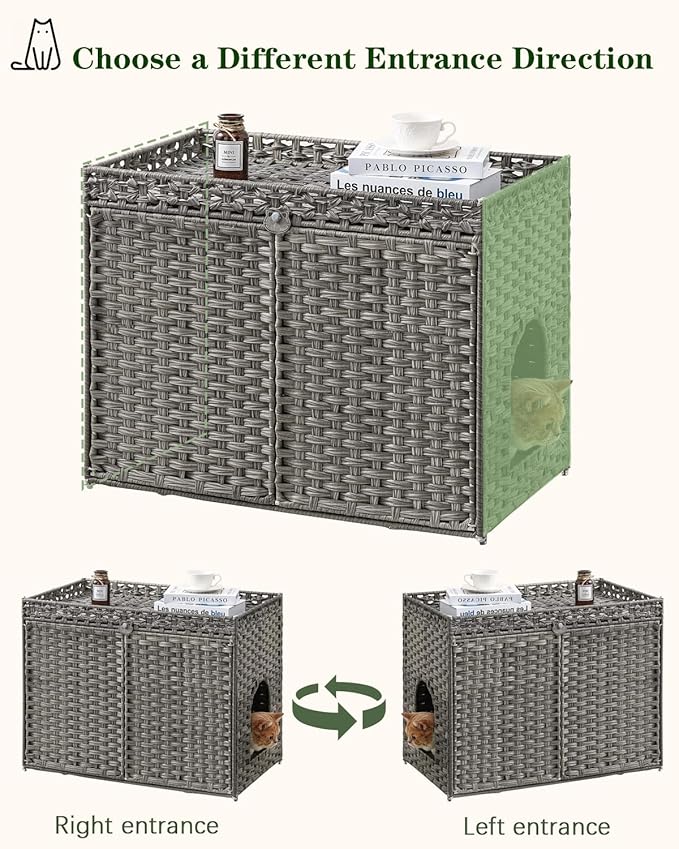 Cat Litter Box Enclosure Furniture, Handwoven Rattan Hidden Litter Box with Mat, Large Space Cat House with 2 S-Shaped Hooks 30.3 x 18.3 x 24.4 Inches, Indoor for Living Room Apartment Gray