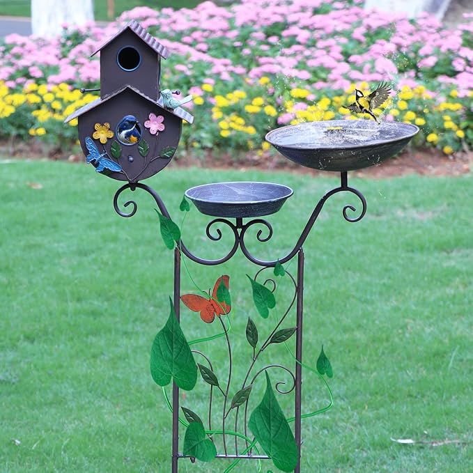 52" H Bird Bath and Metal Birdhouses for Outdoors,Metal Standing Bird Bath Feeder and Climbing Plant Trellis 4-in-1,Garden Yard Decor