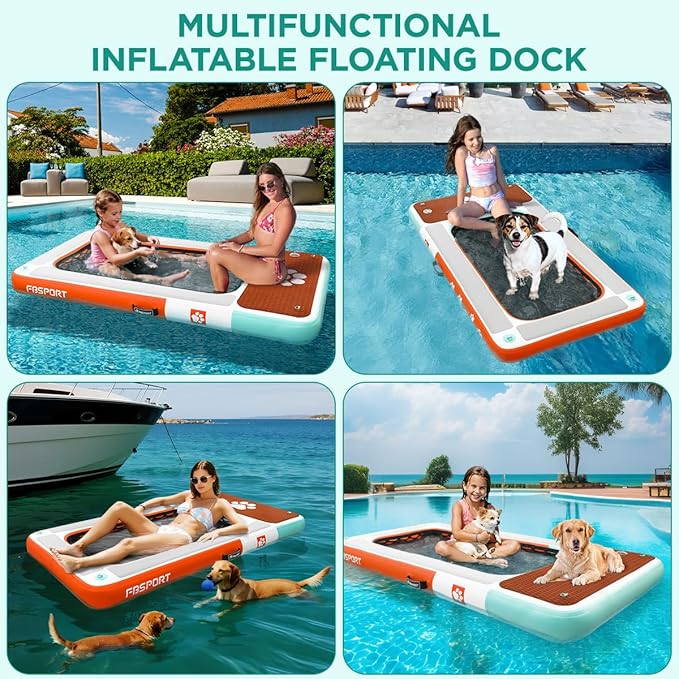FBSPORT Dog Pool Float, Inflatable Dog Float for Pool, Lakes, Boats and Sea, Non-Slip EVA Floating Dock Platform for up to 396lbs