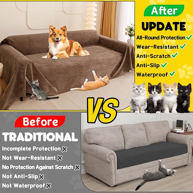 Cat Scratch Furniture Protector - Anti-Slip, Waterproof Sofa Cover to Keep Cats Off, Pet-Friendly Couch Protectors for 3 Cushion Couch, Brown Anti-Scratch Couch Cover for Pets and Kids 150"X71"