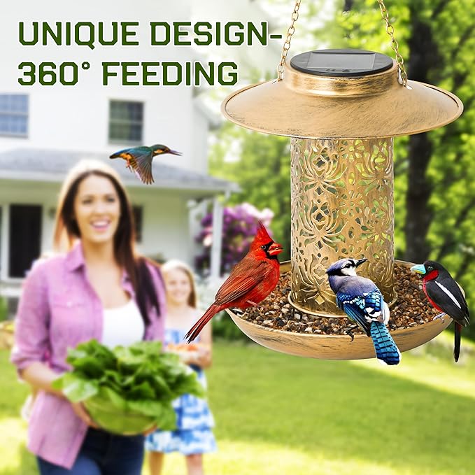 XDW-GIFTS Bird Feeder for Outdoors Solar Hanging Bird Feeder Bird House with Cardinal Feeder Large Capacity Metal Wild Bird Feeder for Garden Decor Unique Gifts & Patio Decor (Bronze, 8 INCH)