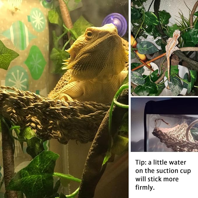 kathson Bearded Dragon Hammock,Large Lizard Lounger,Reptile Tank Hanging Plants Climbing Jungle Vines Flexible Leaves Decorations for Lizards Chameleon Gecko Snakes(3 PCS)