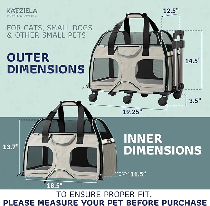 Katziela Pet Carrier - Airline Compliant Dog Carrier - TSA Approved Pet Carrier for Small Dogs and Cats - Soft FAA Travel Airplane Dog Carrier Luggage (Light Grey/Blue-Pro)