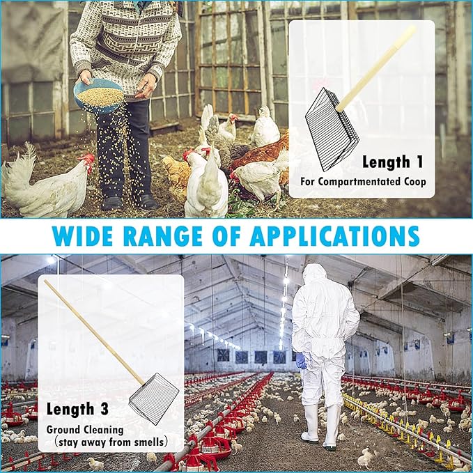 PINVNBY Stainless Steel Chicken Poop Scooper 3 in 1 Adjustable Wooden Handle Poop Scooper for Chicken(18.1" to 42.1")Multifunctional Chicken Coop Cleaning Tools Sifting Shovel Chicken Coop Accessories