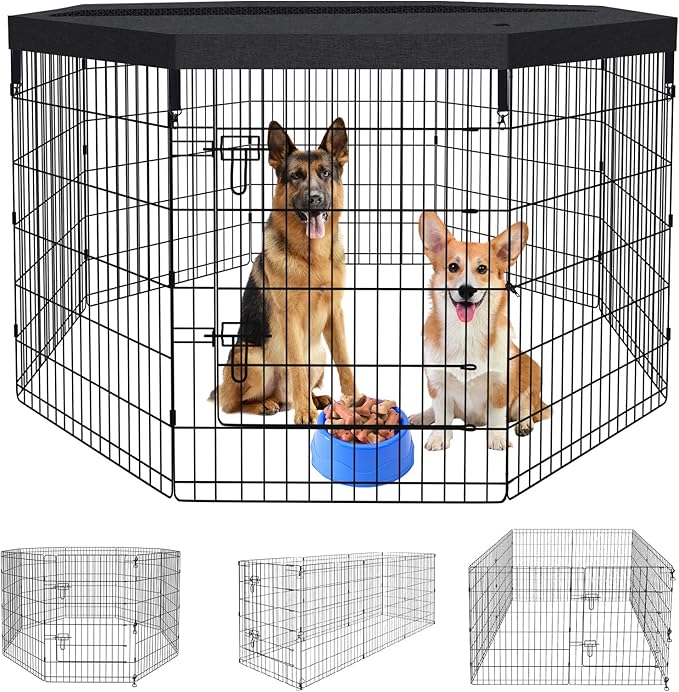 Peekaboo Pet Playpen Dog Fence Foldable Metal Dog Pen Wire Exercise Puppy Play Yard Pet Enclosure Indoor Outdoor 8 Panels 36 Inch with Bottom Pad/Top Cover(Black 36 top Cover)