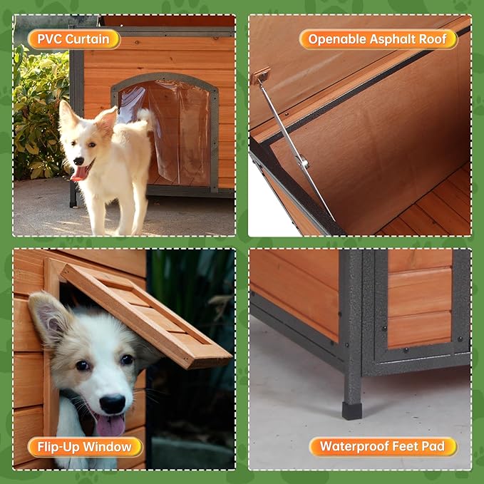 Insulated Dog House Outdoor Weatherproof, Wooden Warm Houses with Upgrade Anti-Chewing Iron Frame Dog Shelter for Puppies