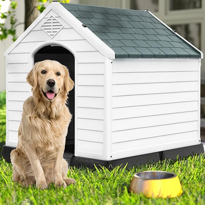 DWVO Large Plastic Dog House, Weatherproof Outdoor/Indoor Doghouse, Puppy Kennel with Air Vents and Elevated Floor, 41.3''L*38''W*38.8''H, Gray
