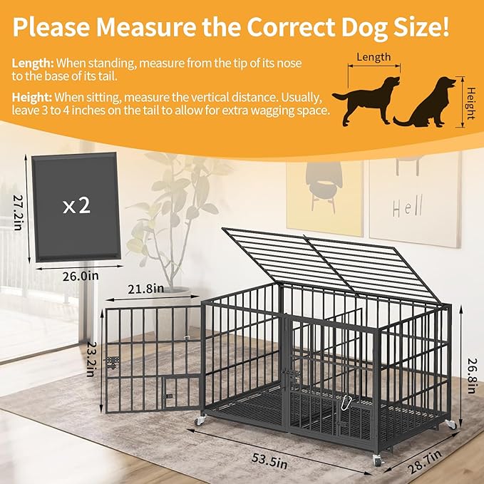 54 Inch Metal Dog Crate for Large Dogs,Heavy Duty Dog Cage Kennel Indoor with Divider Panel,Lockable Wheels, Indestructible Drop Cages for Dogs with Removable Tray, Escape Proof Locks