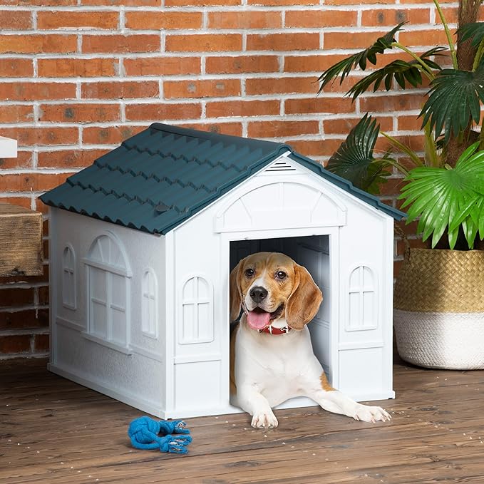 PawHut Plastic Dog House, Water Resistant Puppy Shelter Indoor Outdoor with Door, Easy to Assemble, for Medium and Small Dogs, Blue