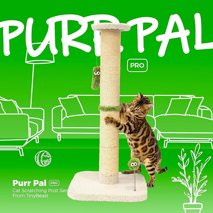 TINYBEAST 34.7" Tall Cat Scratching Post, 3 in 1 Heavy Duty 4.3" Diameter Natural Sisal Post with Hanging Bell Ball, Reinforced Stable Base for Indoor Adult Cats and Kittens(Beige)