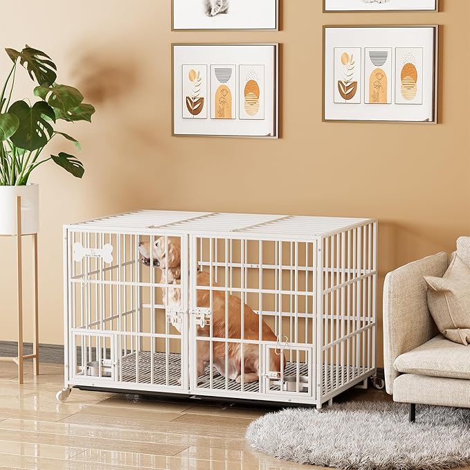 Dosker 42 inch Heavy Duty Metal Dog Crate Cage with Divider for 2 Dogs/Large Dog,All Metal Open Top Escape Proof Cage,Kennel Indoor with Wheels,2 Tray,Feeding Bowl(White)
