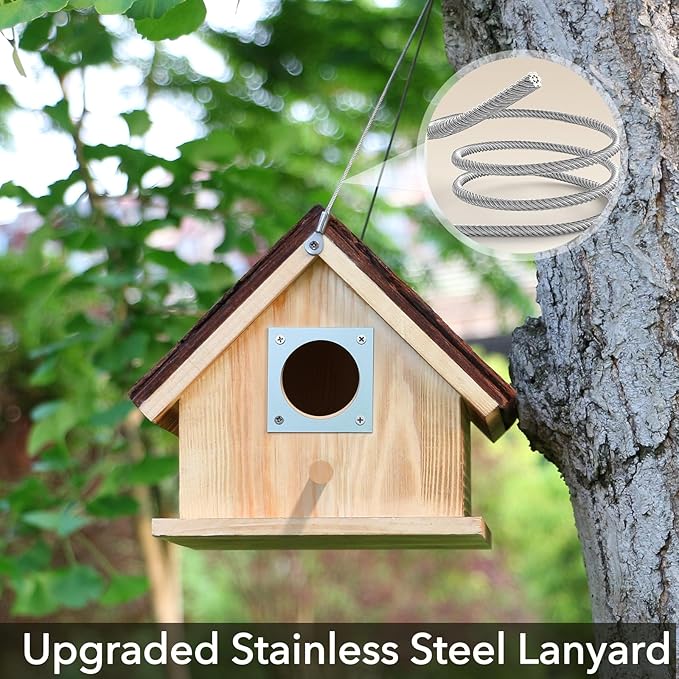 Wooden Bird Houses for Outside Hanging – Natural Pine Birdhouses for Outdoors with Bark Roof, Bluebird Nesting Box with Predator Guard for Wrens, Finches, Swallows, Nuthatches, Pre-Assembled