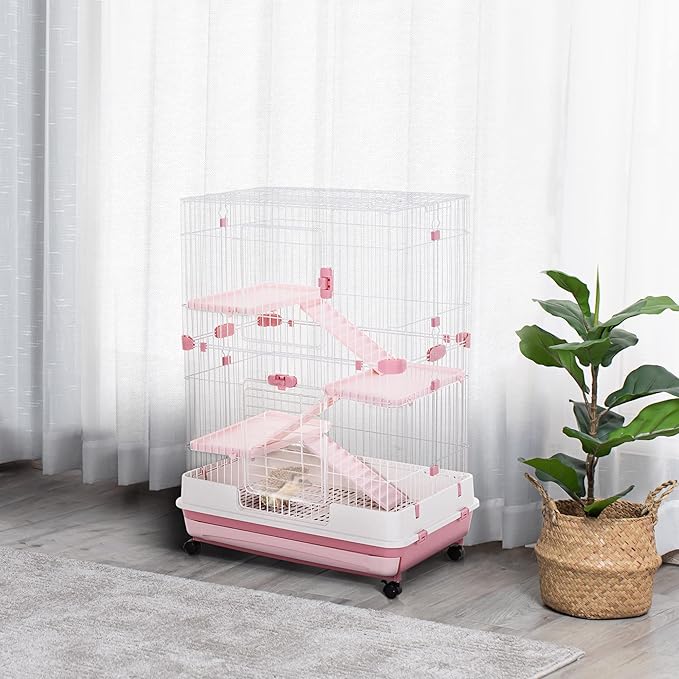 PawHut 4-Level Small Animal Cage Rabbit Hutch with Wheels, Removable Tray, Platform and Ramp for Bunny, Chinchillas, Ferret, Pink