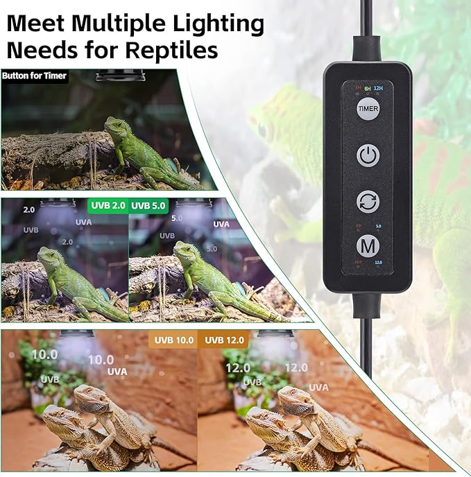 UVB Light for Reptiles with Dimming, LED UVB Light Bulb Fixture for Bearded Dragon Gecko Lizard Turtle Snake, Adjustable Brightness UVA UVB Lamp for Tropical & Desert Reptile Tank Accessories 8W Black