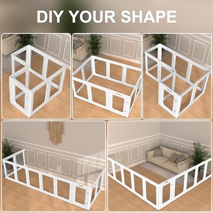 12 PCS Panoramic Clear Acrylic Dog Playpen with 2 Doors, Acrylic Plastic Dog Playpen for Small Dogs Indoor, Unobstructed Dog Fences Indoor Easy to Clean, 23.6" H Portable Medium Cage with Tool-Free