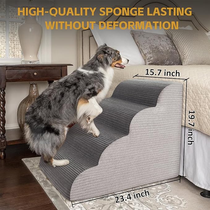 19.7”H Curved Dog Stairs Ramp for Beds Couches, Pet Steps with Durable Non-Slip Washble Fabric Cover, Pet Stairs for Bed Climbing, Dog Steps for Small Dogs and Cats, 4-Tiers,Foam Density Upgraded