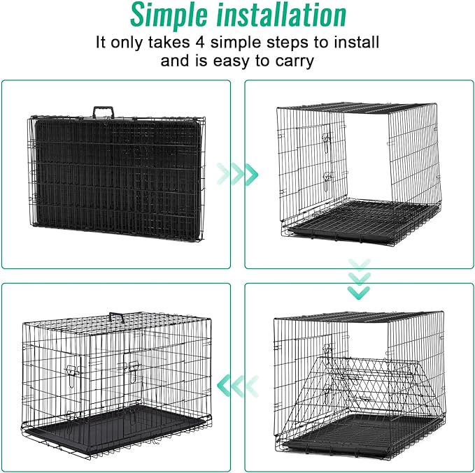 FDW Dog Crate for Large Dogs 42 Inch Folding Metal WirePet Cage Double Door W/Divider Panel Indoor Outdoor Kennel Leak-Proof Plastic Tray,Black
