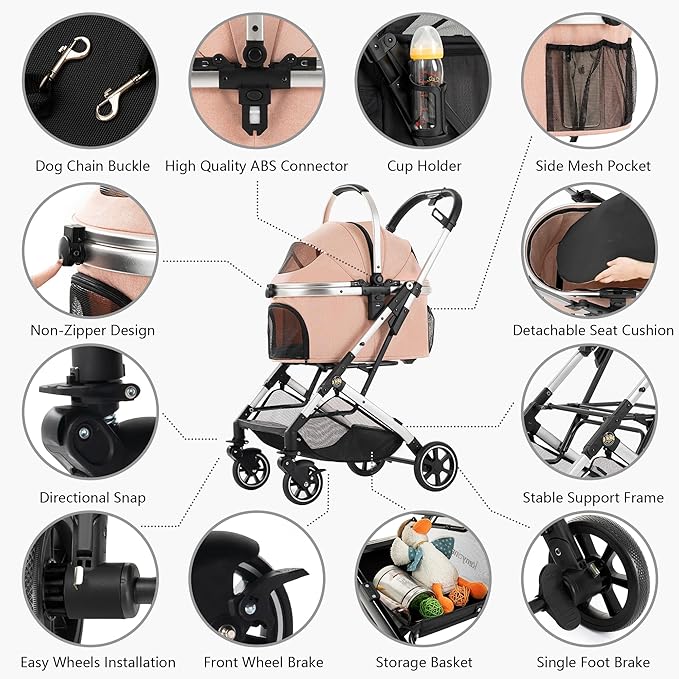 Kenyone 3-in-1 Pet Stroller for Small Medium Dogs Puppy Cat Stroller with Detachable Carrier & Pad Lightweight Foldable Aluminum Alloy Frame Dual No-Zip Entry(Pink)