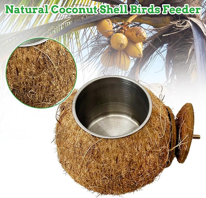 Coconut Bird Bowls for Cage 2-in-1 Coconut Shell Birds Feeder Set of 2 Hanging Parrot Cage Feeders Natural Parakeet Food and Water Dishes for Lovebirds Finches Budgies Cockatiels