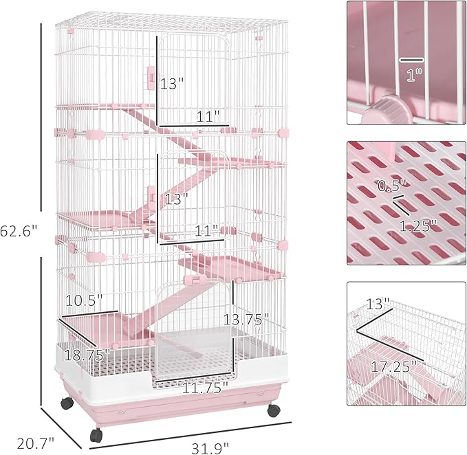 PawHut 6-Level Small Animal Cage Rabbit Hutch with Wheels, Removable Tray, Platform and Ramp for Bunny, Chinchillas, Ferret, Pink