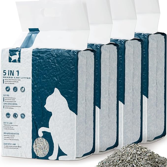 Vealind Cat Litter Fast Clumping Tofu Cats Litter, Flushable Ultra Absorbent 5 in 1 Dust-Free Flushable Odor Free Activiated Carbon Litter Pellets Unscented (4 PACK-32 Pounds)