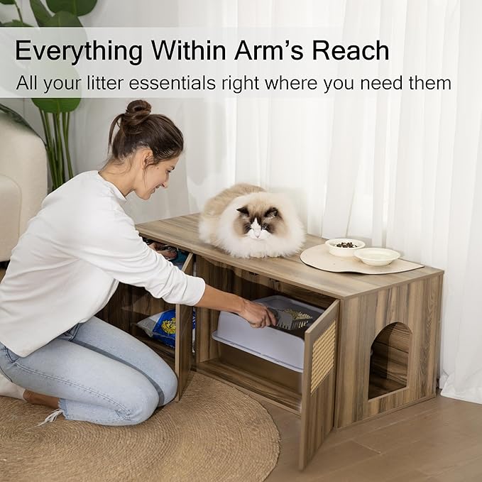 Wooden Cat Litter Box Enclosure with Storage Compartment with Adjustable Divider, Hidden Litter Box Furniture and Hall Table, Cat Box Enclosure, 42.5''L*18.5W*16.9H (Pine, Rattan)