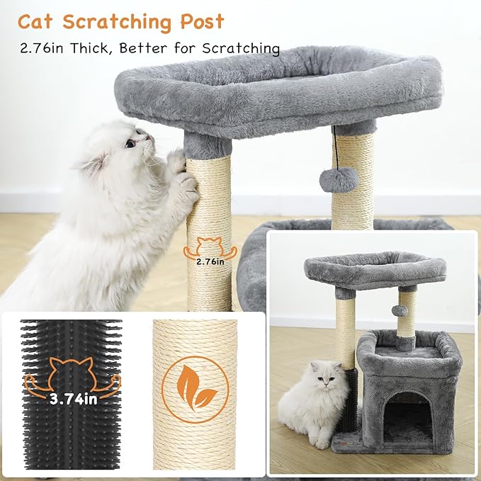Small Cat Tree with Scratching Post Indoor, Cat Trees for Indoor, Cat Tower with Condo, Plush Cozy Perch, Massage Brush, Activity Hanging Pompoms