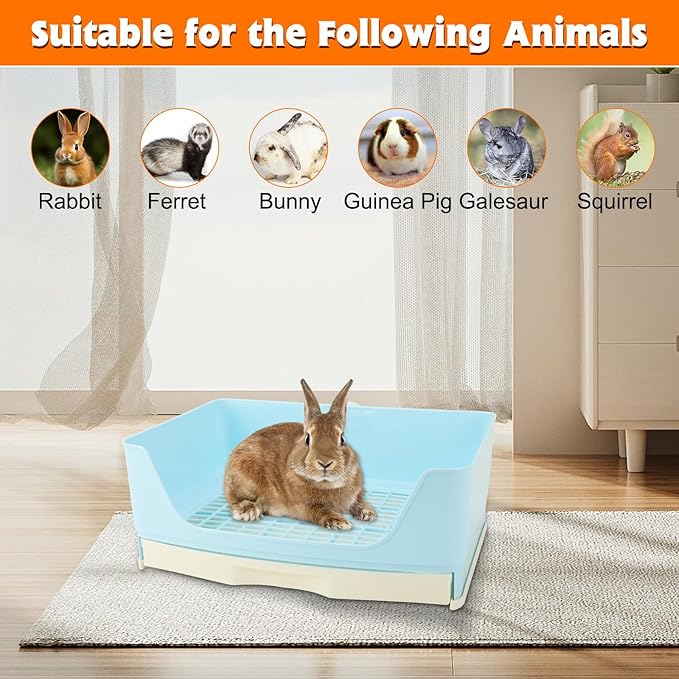 BWOGUE Large Rabbit Litter Box Toilet,Potty Trainer Corner Bedding with Drawer Larger Pet Pan for Adult Guinea Pigs, Rabbits, Hamster, Chinchilla, Ferret, Galesaur, Small Animals(Blue)
