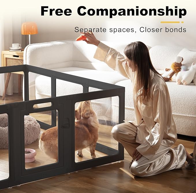 Clear Acrylic Dog Playpen Indoor, Puppy Cat Small Pet Play Pen, Pet Cat Foldable Playpen for Rabbits, Dog Fence Crate Kennel Whelping Cage (Black, 12 Panel)