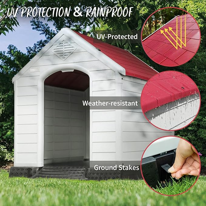 PUKAMI Plastic Dog House Outdoor Indoor,Durable Dog House for Small Medium Large Dogs,Waterproof Dog Houses with Elevated Floor and Air Vents,Ventilate & Easy Clean and Assemble(Red, 42inch)
