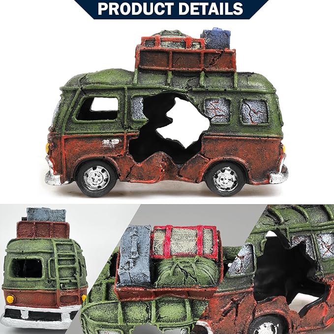 Car Wreckage Aquarium Ornament Car Wreckage for Fish Tank Underwater Landscape Decoration Hiding Cave Hideouts House Plants Supplies Accessories – Small(Green)