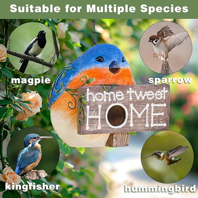 Topadorn Bird Houses for Outside Hanging, Hanging Resin Garden Bird House Decoratvie Birdhouse