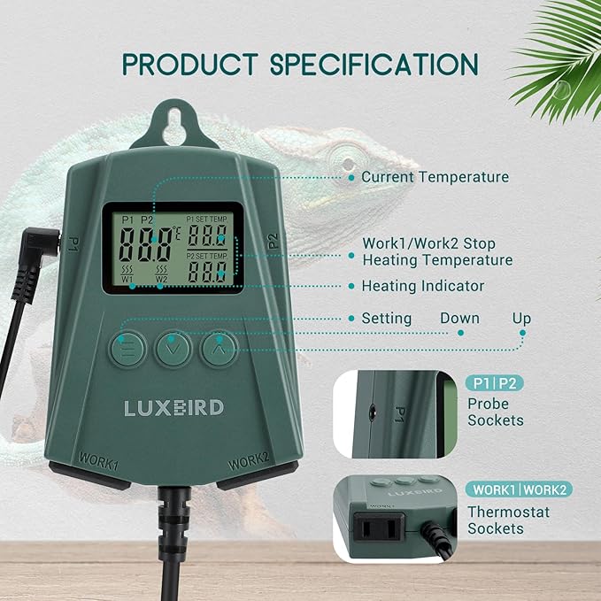 Luxbird Reptile Heating Pad 8x12 Inch with Dual Output Reptile Thermostat LB-2SC Combo Set Under Tank Terrarium Heating Mat for Turtles, Lizards, Frogs, and Other Reptiles