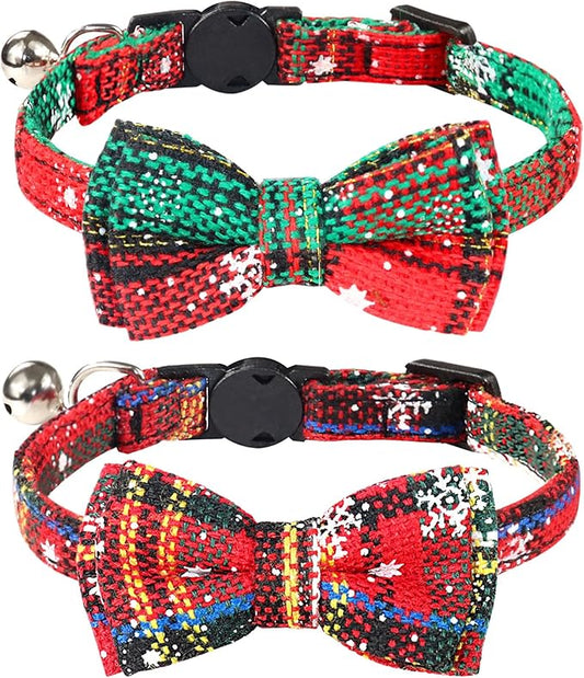 Joytale Upgraded Christmas Cat Collar with Bells, Breakaway Cat Collars with Bow Tie, 2 Pack Girl Boy Safety Plaid Kitten Collars, Christmas Red+Green