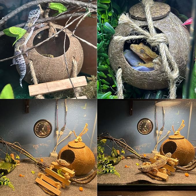 Grested Gecko Coconut Hut with Ladder,Leopard Gecko Coconut Hide Lizards Hanging Coco Den Cave Reptile Hammock Reptiles Tank Accessories Climbing Hanging Plants Jungle Vine Flexible Leaves Decor