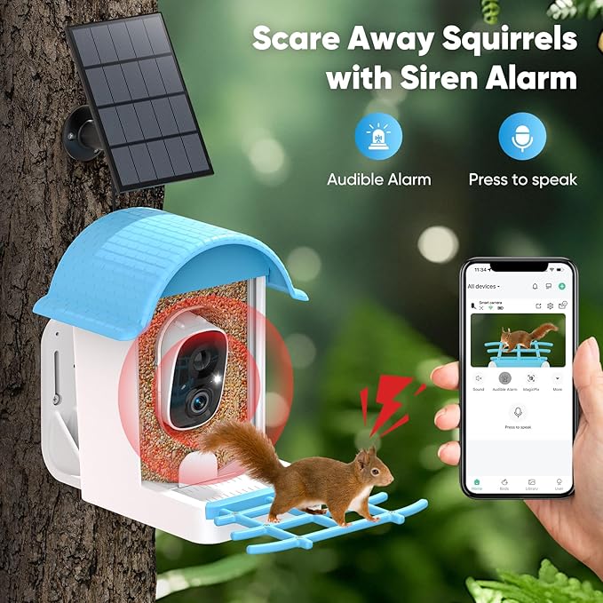 Bird Feeder with Camera, Smart Bird Feeder with Solar Panel, 2K HD Live View, AI Identify, Auto Capture, Instant Notifications, 2.4GHz, IP65 Waterproof, Ideal Gifts for Lover, Blue