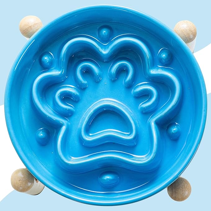 Ceramic Slow Feeder Dog Bowls, Raised, 3 Cups Elevated Slow Feeder with Wooden Stand for Medium Large Breed, Puzzle Dog Food Bowl (Blue)