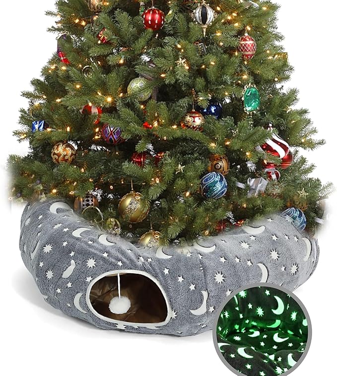 LUCKITTY Cat Tunnel Bed Tube with Cushion and Plush Ball Toy Playground Crinkle Collapsible Self-Luminous Flannel Fabric 3FT for Large Cats Kittens Kitty Small Animals Puppy Grey Moon Star