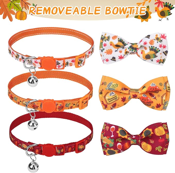 SCENEREAL Fall Thanksgiviing Cat Collar Breakaway, 3 Pack Kitten Collars with Bell, Bowtie and Safety Buckle - Adjustable Cute Holiday Cat Collars with Turkey and Pumpkin Pattern for Girl Boy