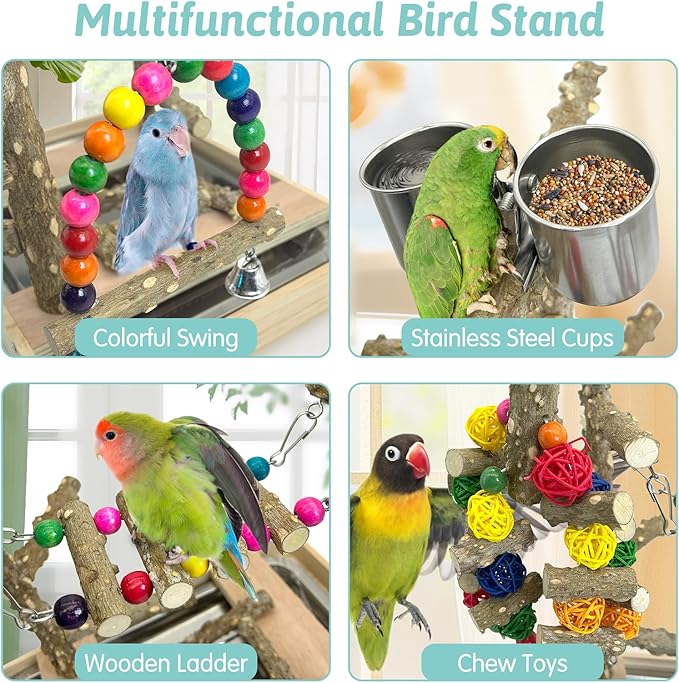 PINVNBY Bird Playground Natural Wood Parrot Perch Stand Bird Play Gym Colorful Ladder Swing Chewing Toys with Metal Tray and 2 Stainless Steel Cups Bird Cage Accessories for Conure Cockatiel Parakeet