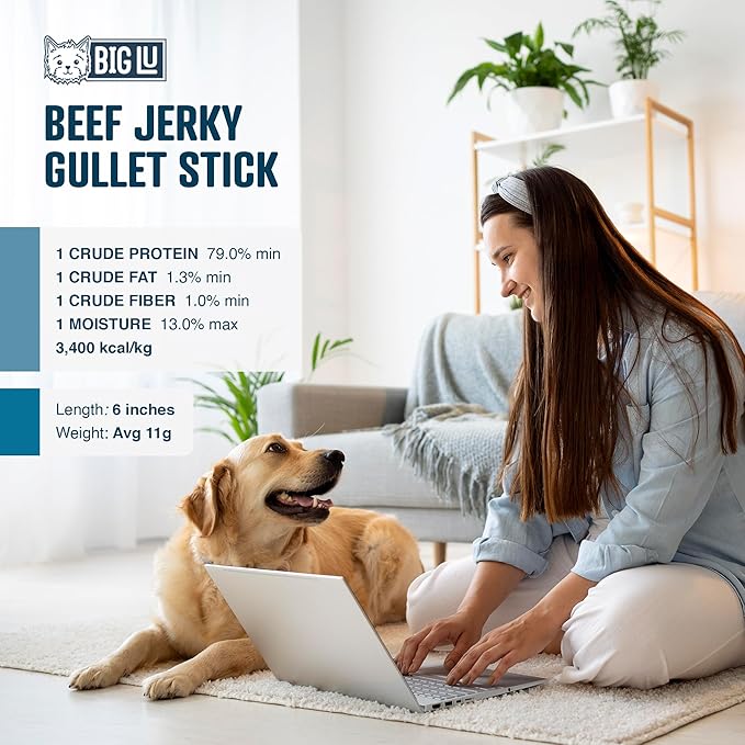 Big Lu - 6-Inch Jerky Gullet Sticks, 12 Count, All-Natural Beef Dog Chews, Grass-Fed, Free-Range, Digestible Treats with Glucosamine and Chondroitin for Joint Health, Dogs