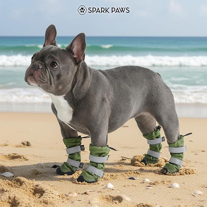 Spark Paws Dog Shoes, Waterproof Dog Boots for Medium to Large Dogs, Non Slip, Breathable Dog Booties and Paw Protectors - 4PCS Doggie Hiking Boots with Reflective Straps - Green - Size 7