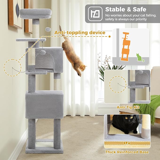 62-Inch Cat Tree for Indoor Cats, Large Cat Tower with Scratching Posts for Large Cats, 2 Bigger Plush Condos, Padded Platform, Soft Cat Bed and Scratching Pad, 2 Pompoms, Gray