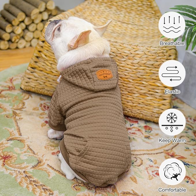 BEAUTYZOO Small Dog Hoodie Sweater with Pockets, Dog Clothes for Small Medium Dogs Boy Girl, Waffle-Like Laminated Cotton Pet Coats with Hat and Leash Hole, Khaki M