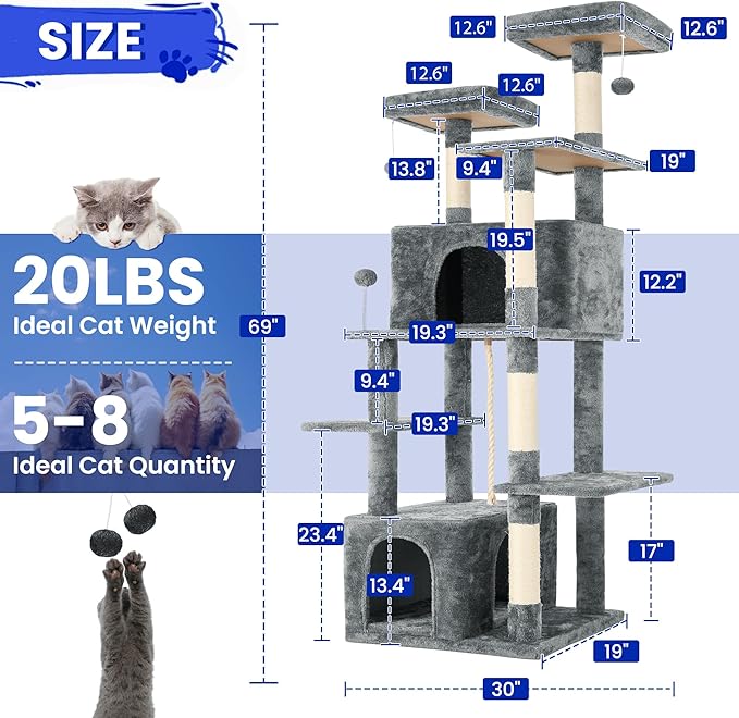 69-Inch Tall Cat Tree with Huge Condos, Multi-Functional Cat Tower with Top Perches, Scratching Posts, Pompoms, for Climbing, Lounging and Playing (Grey)