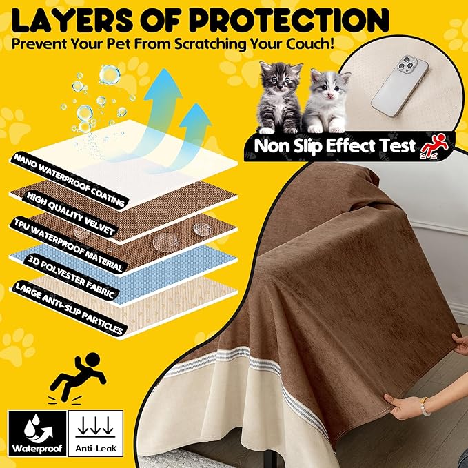 Loiion Cat Scratch Furniture Protector - Anti-Slip, Waterproof Sofa Cover to Keep Cats Off, Pet-Friendly Couch Protectors for 3 Cushion Couch, Anti-Scratch Couch Cover for Pets and Kids 134"X91"Brown