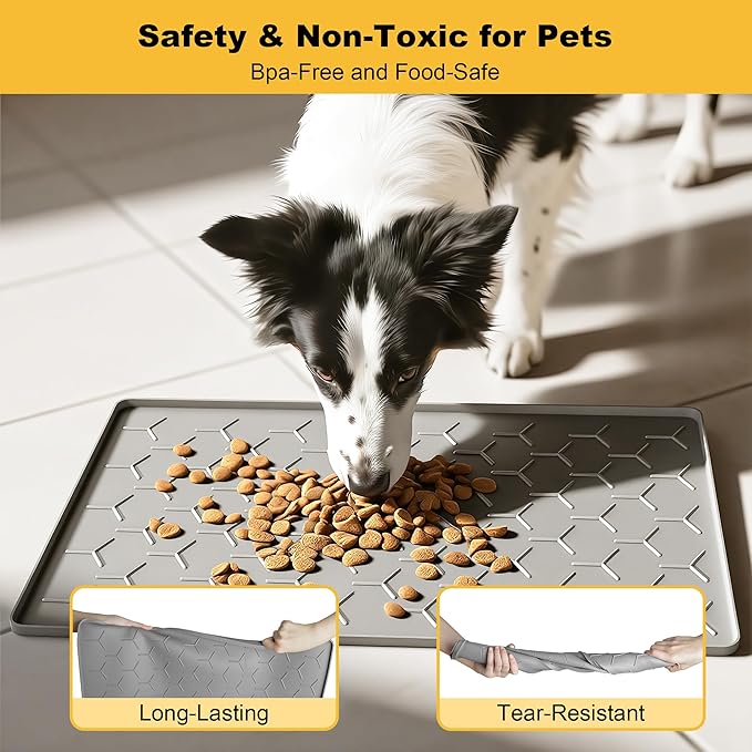 Pieviev Dog Cat Food Bowl Mat, Silicone Waterproof Food Grade Pet Food Mat for Floor, High Raised Edge to Prevent Spills, Non-Slip & Easy Clean Pet Placemat for Dog & Cat Bowls, 24''x16'', Light Gray