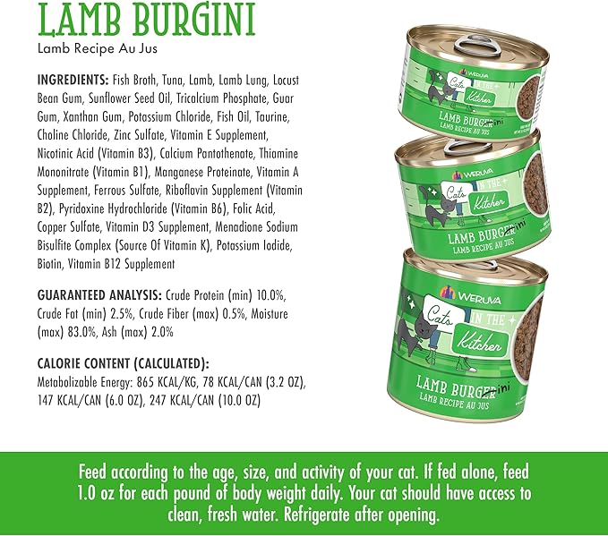 Weruva Cats in The Kitchen, Lamb Burger-ini Wet Cat Food, 10oz Can (Pack of 12)